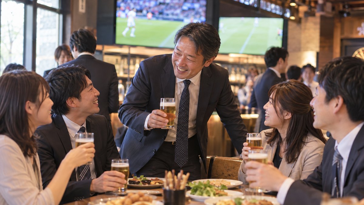 スポーツバーを貸し切った忘年会で、40代の男性部長がグラスを片手に部下たちのテーブルを回り、身をかがめて笑顔で声をかけている