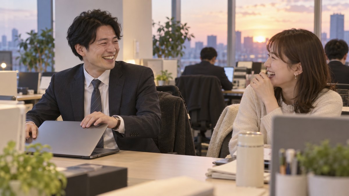 冬の夕方のオフィスで、30代の男性が自分の机でパソコンを閉じながら、隣の席の同僚と目を合わせて吹き出すように笑っている