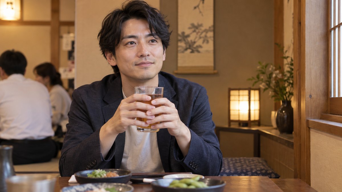 居酒屋の座敷の隅で、30代の男性がウーロン茶のグラスを胸の前で両手に包むように持ち、静かに前を見ている
