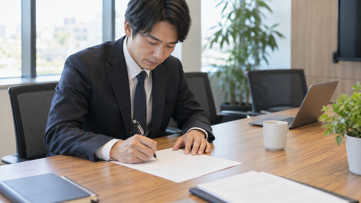 会社の会議室の机で、30代の男性が忘年会の進行表を紙に手書きし、時刻と名前を一行ずつ書き込んでいる手元