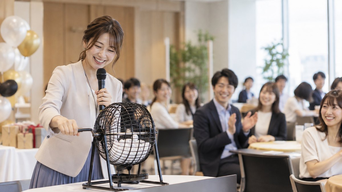 会社の多目的ホールで、ビンゴの玉が入った回転式の抽選器を、30代の女性司会者が笑顔で回している