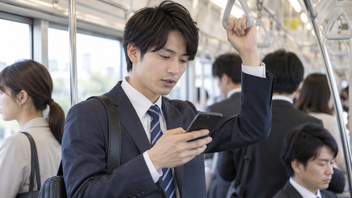 朝の通勤電車の中で、20代の男性がつり革につかまり、手元のスマートフォンを見ながら小さく口を動かしている