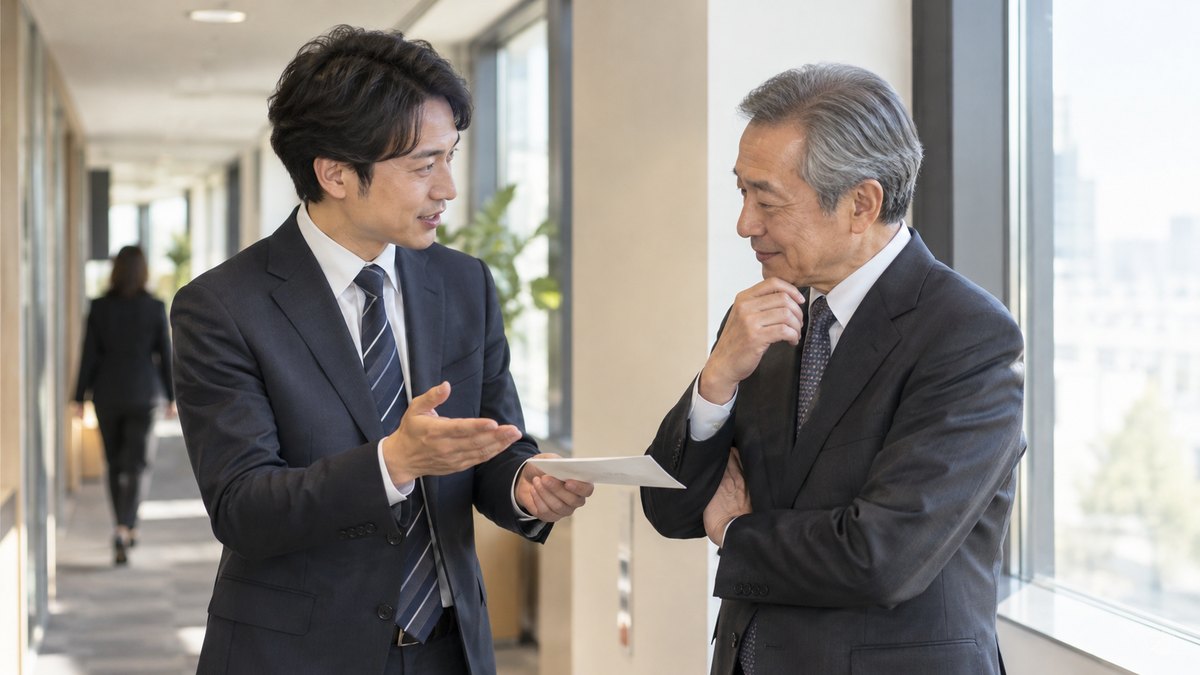 会社の廊下で、30代の男性幹事が60代の社長に一枚のメモを手渡し、忘年会での挨拶の時間を丁寧に説明している