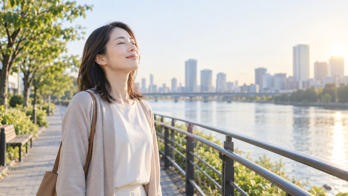 早朝の静かな川沿いの遊歩道で、30代の女性が立ち止まり、目を閉じてゆっくり深呼吸している
