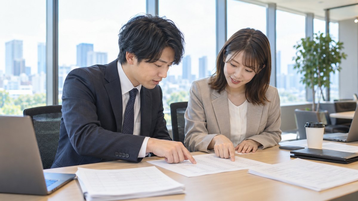 会社の窓の大きな打ち合わせスペースで、20代の男性と女性の幹事が並んで座り、出席者の名前を書いた紙の名簿を指でたどりながら確かめている