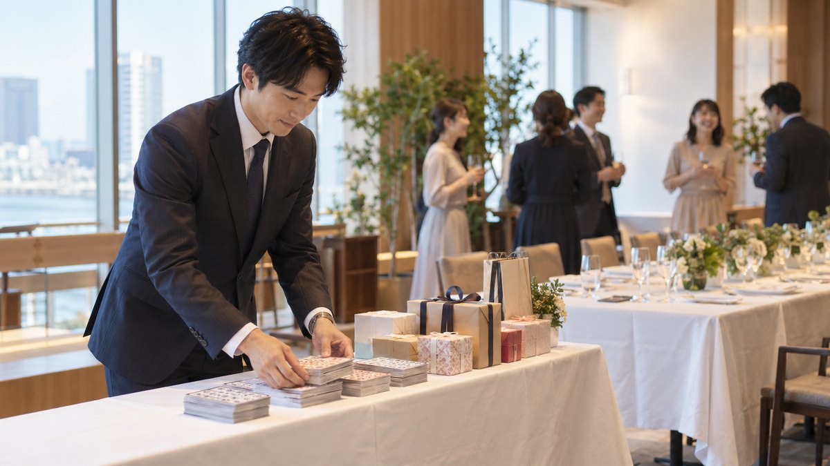 宴会の始まる前、白いクロスの長テーブルの端で、幹事の30代の男性がビンゴカードの束と小さな景品の箱を並べて整えている