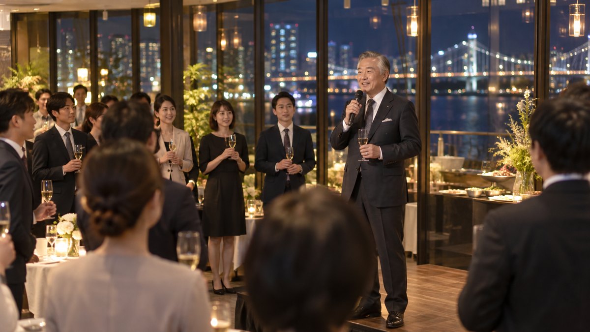 夜、電飾の灯るレストランのガラス張りの貸切フロアで、60代の社長がマイクを持って穏やかに挨拶し、グラスを手にした社員たちが聞いている