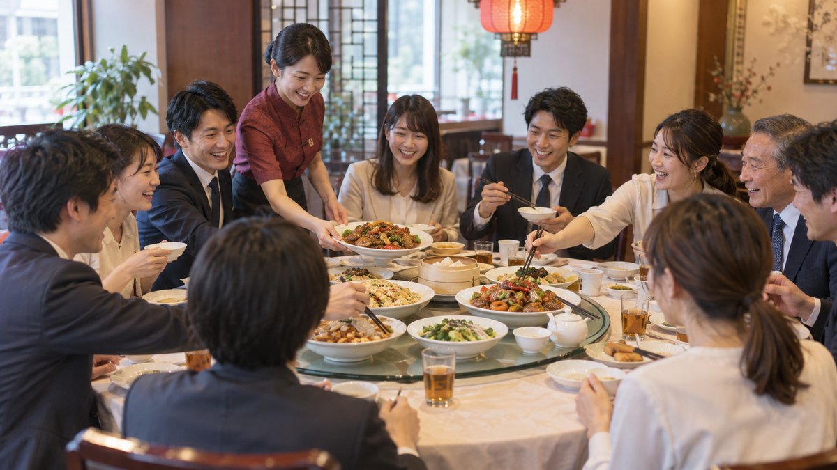 中華料理店の円卓で、店員が大皿料理を運び、10人ほどの社員がにぎやかに料理を取り分けながら歓談している