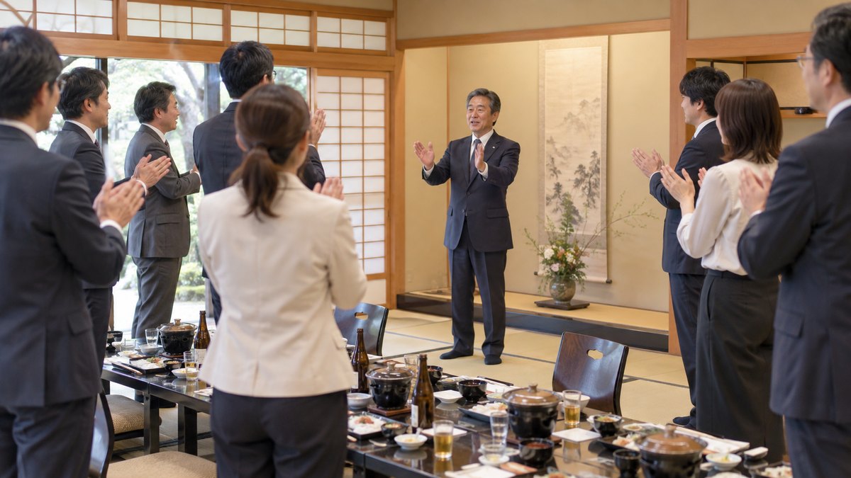 宴会の終わり、和室の宴会場で50代の男性が立って両手を胸の前に構え、立ち上がった社員たちが手締めに合わせて手を打とうとしている