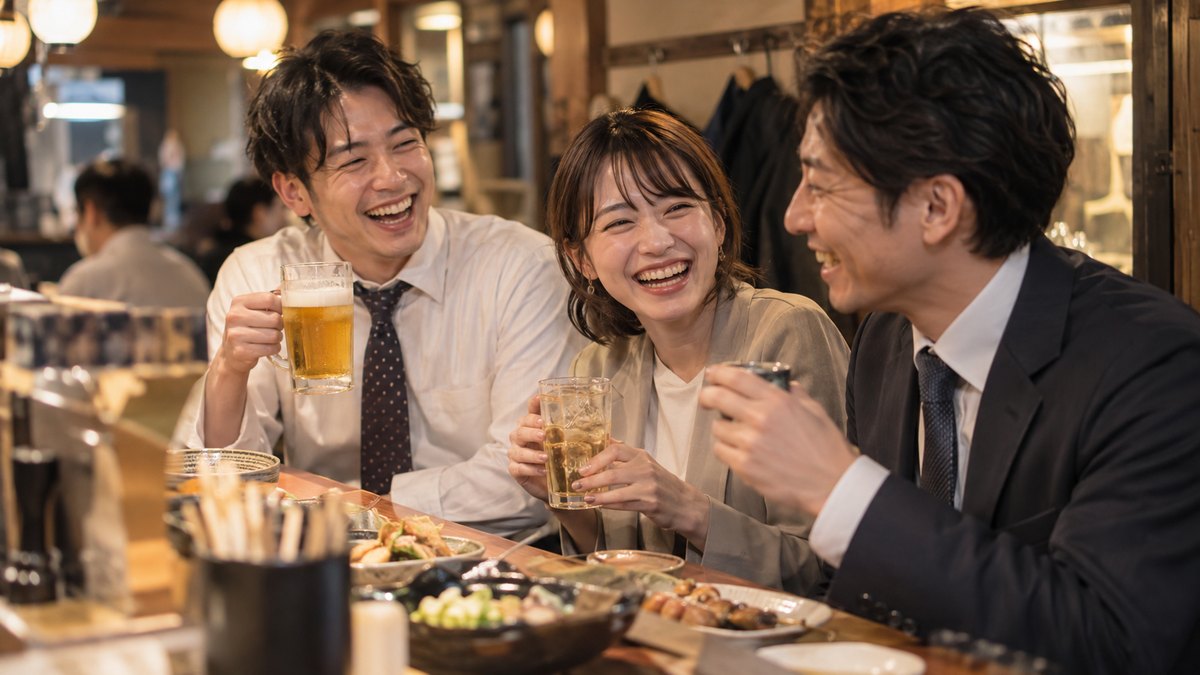 夜の居酒屋のカウンター席で、仕事帰りの同僚3人が肩を寄せ、楽しそうに笑い合っている