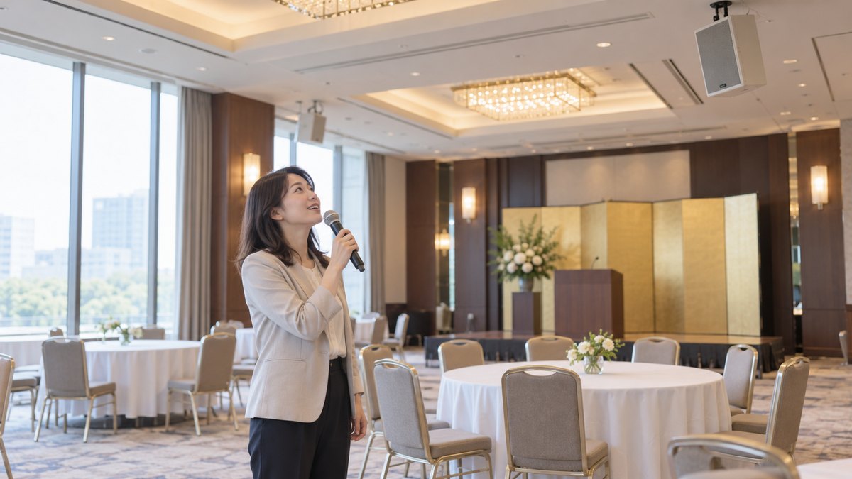 開場前のがらんとした宴会場で、30代の女性がひとりマイクを手に持ち、天井のスピーカーを見上げて声の響きを確かめている