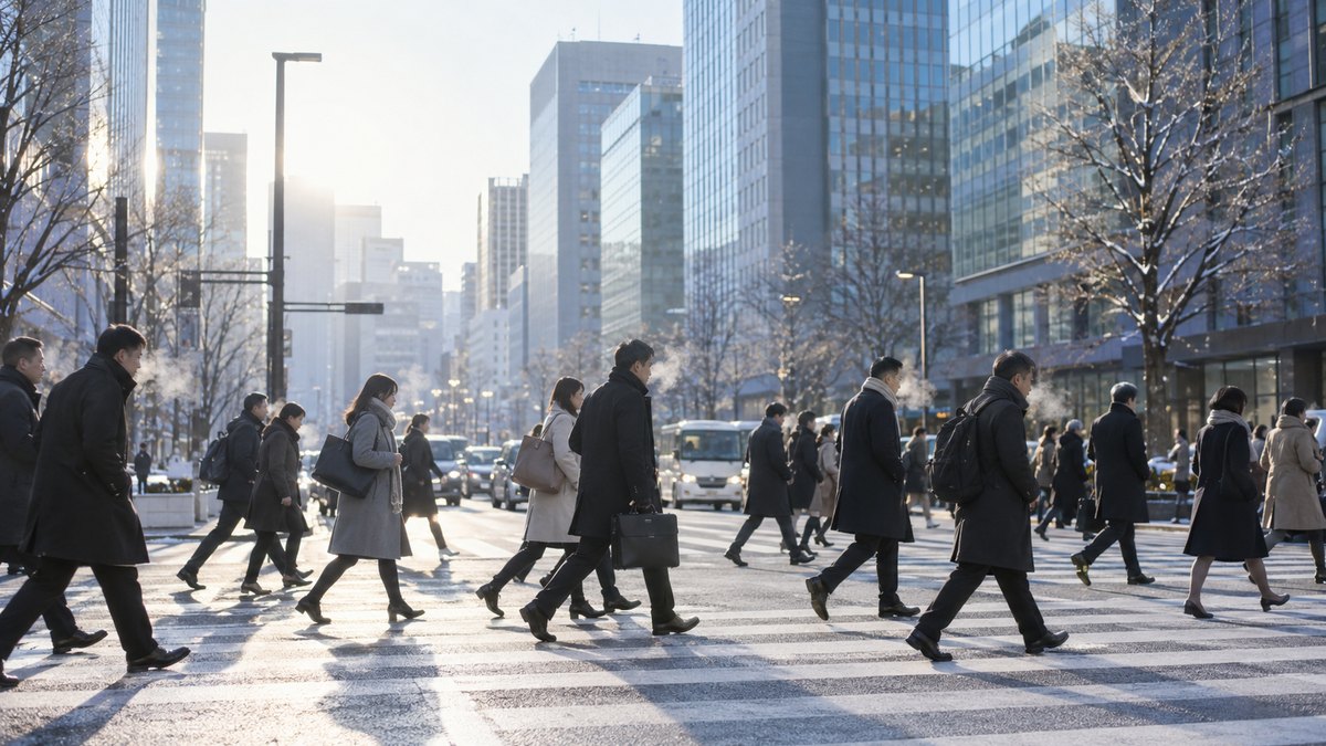 冬の朝のオフィス街の交差点を、コートを着た会社員たちが白い息を吐きながら足早に渡っている遠景