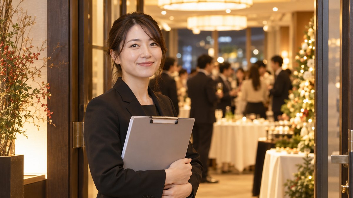 年末の夜、宴会場の入口で、司会を務める女性が進行表を胸に抱えて穏やかに微笑んでいる