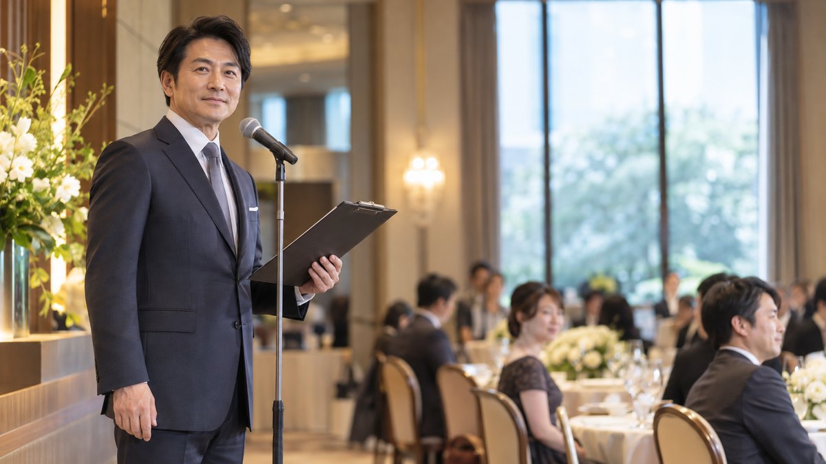ホテルの宴会場で、司会の40代の男性が進行表を挟んだクリップボードを片手に、マイクの前で会場の様子を見渡している