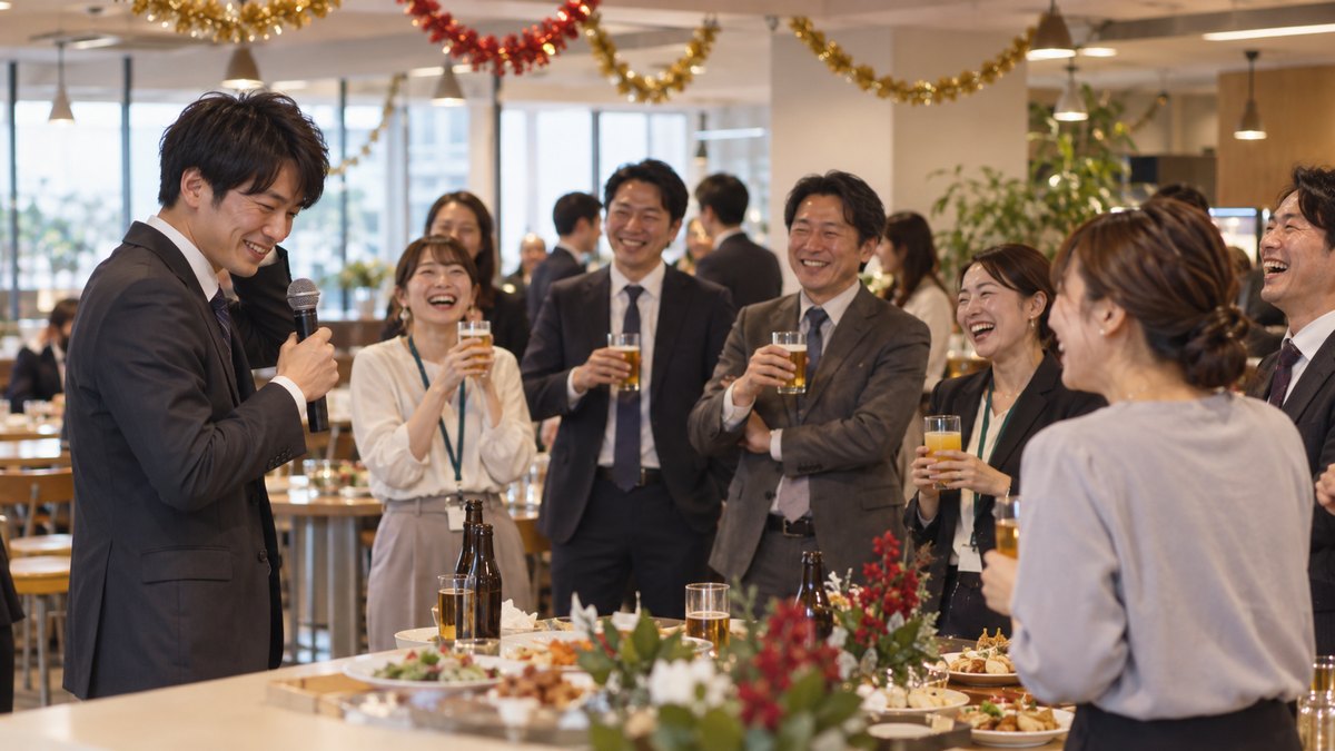 社員食堂を飾りつけた立食の忘年会で、マイクを持った20代の男性司会者が照れ笑いを浮かべ、グラスを持った同僚たちが声を上げて笑っている