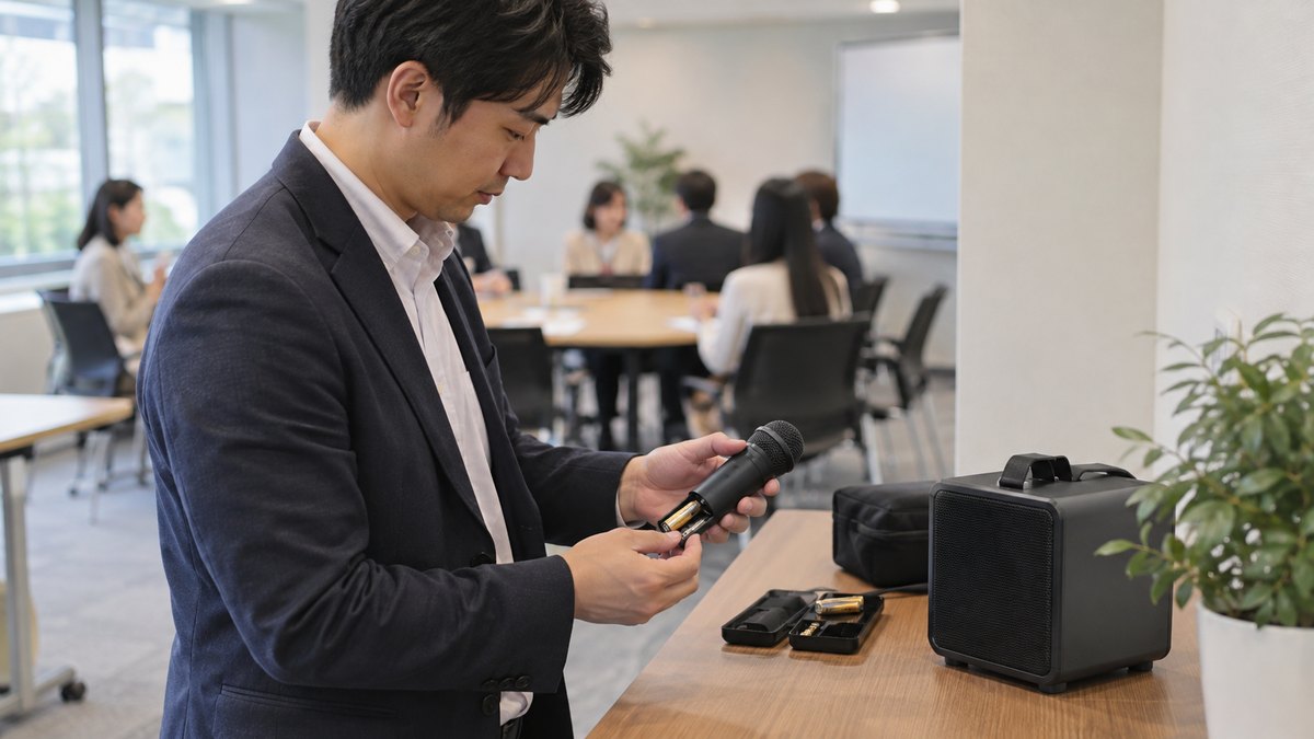 貸し会議室の後ろの机で、30代の男性幹事が小さなスピーカーにつないだワイヤレスマイクの電池を入れ替えている手元