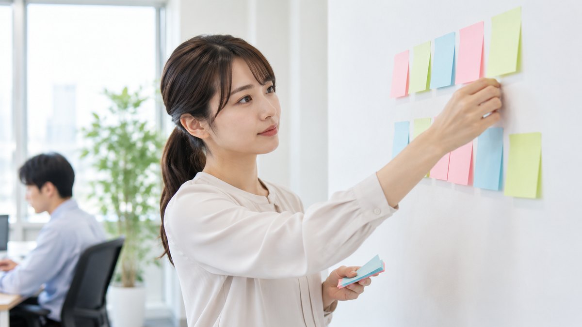 オフィスの白い壁の前で、20代の女性社員が何も書かれていない色とりどりの付箋を順番に並べ替え、段取りを考えている