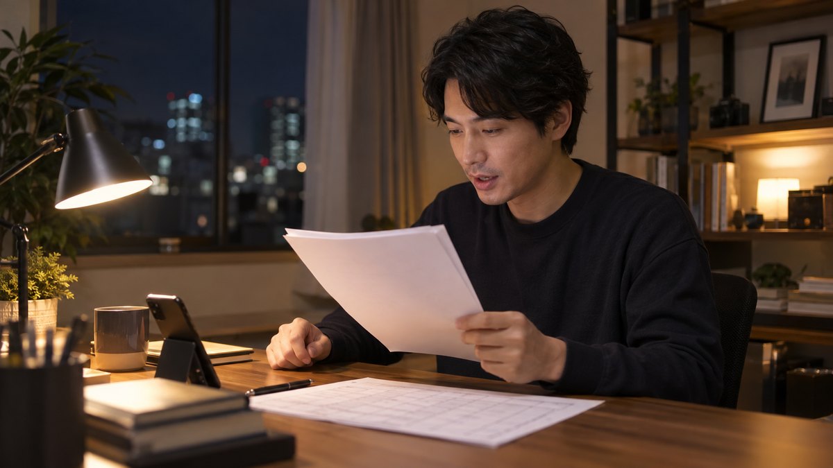 夜の自宅の書斎で、30代の男性が机に進行表を置き、スマートフォンのストップウォッチで時間を計りながら台本を声に出して読んでいる