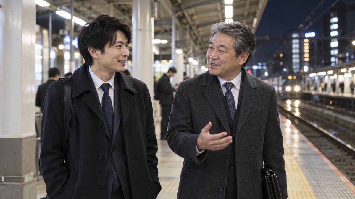 夜の駅のホームで、コートを着た30代の男性と50代の男性が並んで電車を待ちながら、穏やかに話している