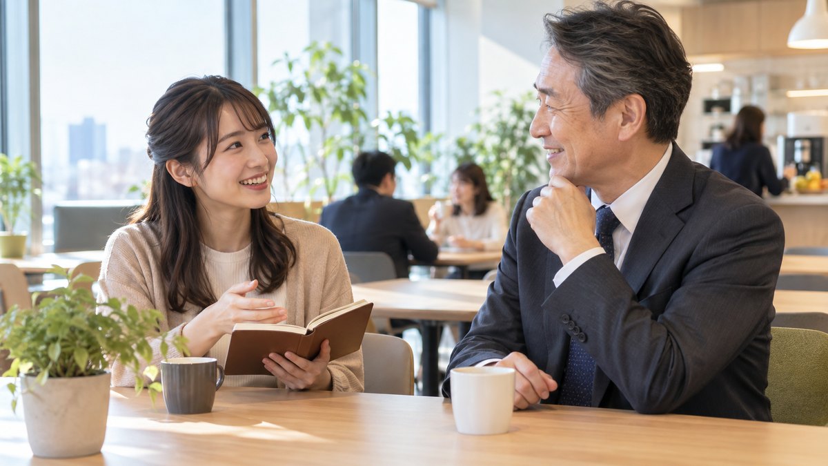 会社の休憩スペースで、20代の女性社員が手帳を開き、50代の部長に忘年会の乾杯をお願いしている。部長は笑顔でうなずいている