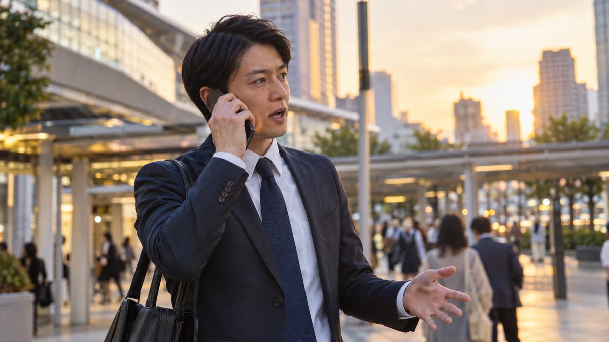 夕方の駅前で、スーツ姿の30代の男性がスマートフォンを耳に当て、遅れている同僚に会場の場所を伝えている