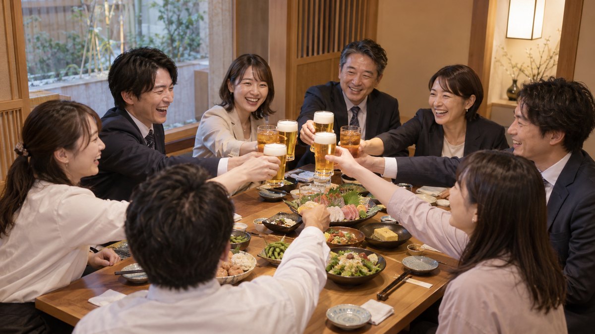 居酒屋の個室で、20代から50代の社員たちがビールやウーロン茶のグラスを持ち上げ、一斉に乾杯しているところを少し引いて見た様子