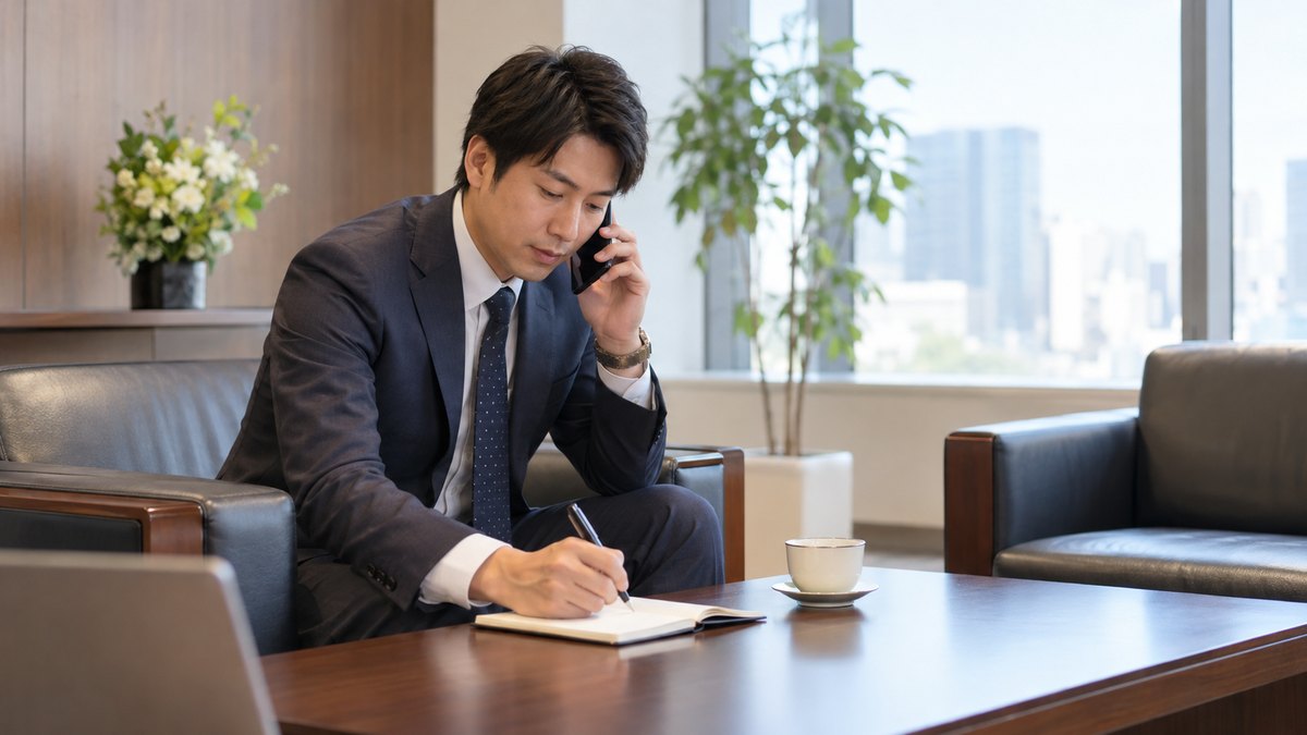 オフィスの応接室で、30代の男性社員が取引先の担当者と電話で話しながら、来賓の名前の読み方をメモ帳に書き留めている