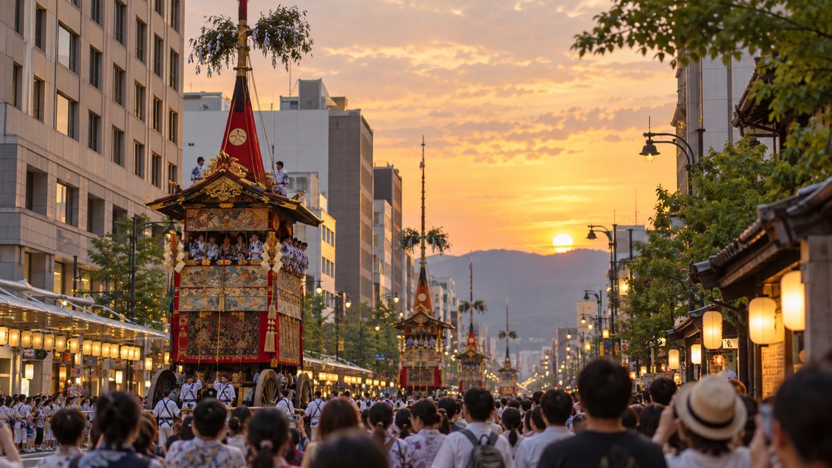 夏の夕暮れの京都の大通りを、豪華な山鉾がゆっくり進み、沿道の見物客が見上げている遠景