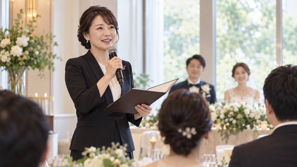 結婚式の披露宴会場で、プロの司会者の40代の女性が台本を手に持ち、顔を上げて会場に語りかけている